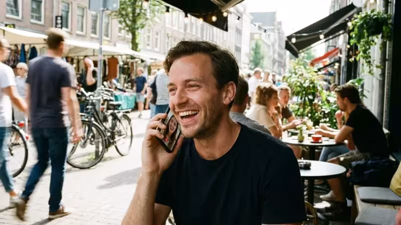 A man laughs while having a video call on his phone at an outdoor cafe.