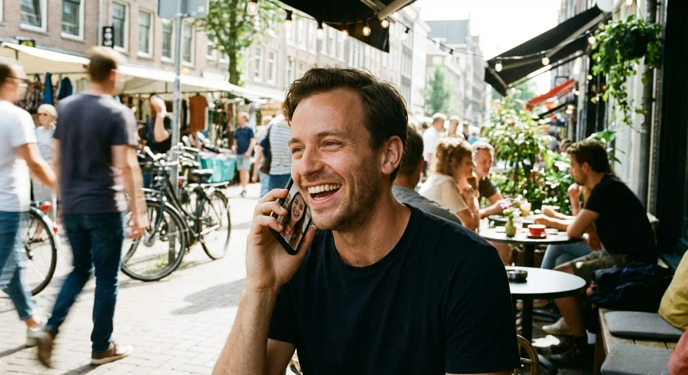 A man laughs while having a video call on his phone at an outdoor cafe.