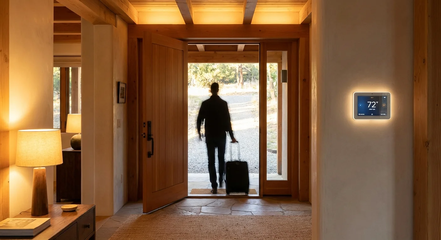 A silhouette of a person leaving their home with the thermostat still running in the hallway.
