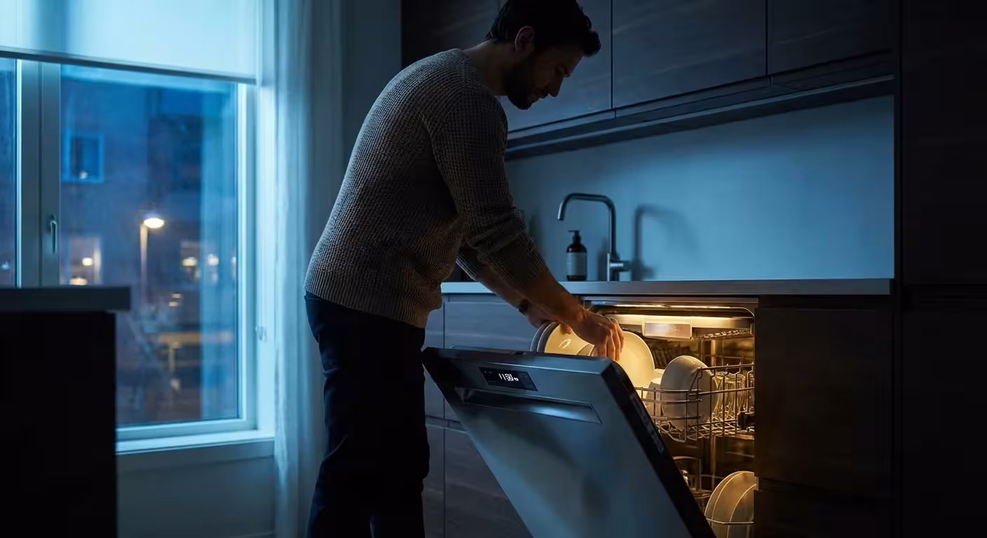 A man loading a dishwasher at night in a cool-toned, modern kitchen.
