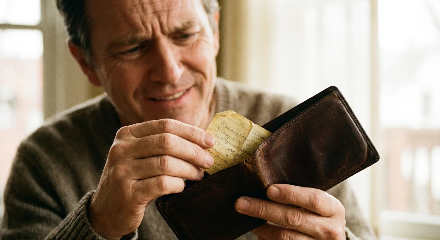 A person looking at a forgotten, crumpled paper slip in their wallet.