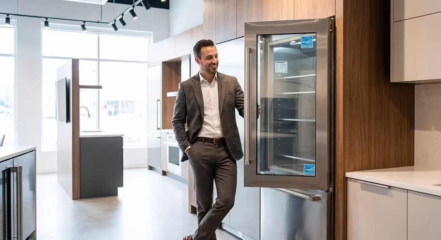 A man looking at an energy-efficient refrigerator in a showroom.