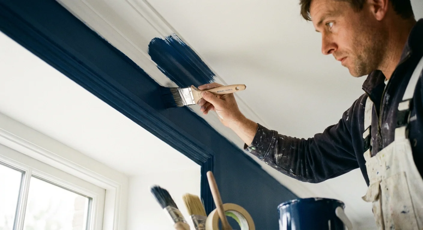 A man in white overalls carefully paints interior crown molding with dark blue paint.