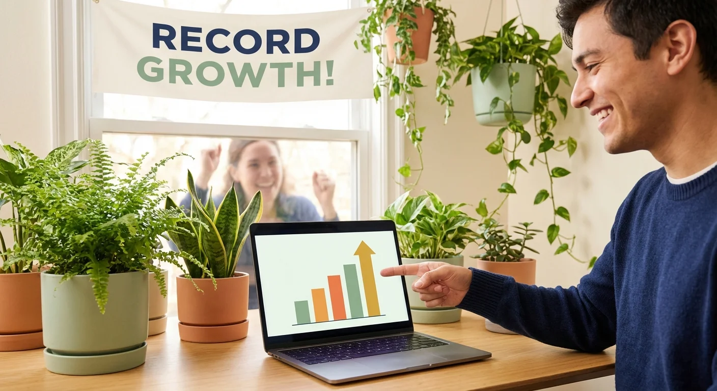 A person pointing at a colorful chart on their laptop screen, looking motivated.