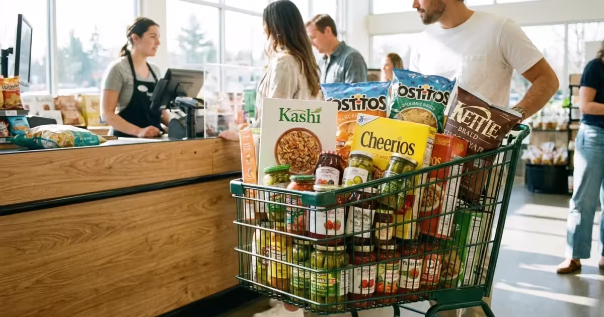 A man pushes a green shopping cart full of groceries at a supermarket checkout counter.