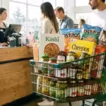 A man pushes a green shopping cart full of groceries at a supermarket checkout counter.