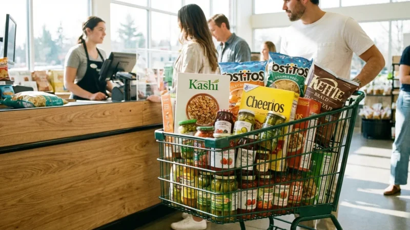 A man pushes a green shopping cart full of groceries at a supermarket checkout counter.