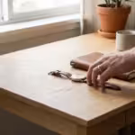 A man's hand reaching for a brown leather strap watch on a minimalist wooden desk.