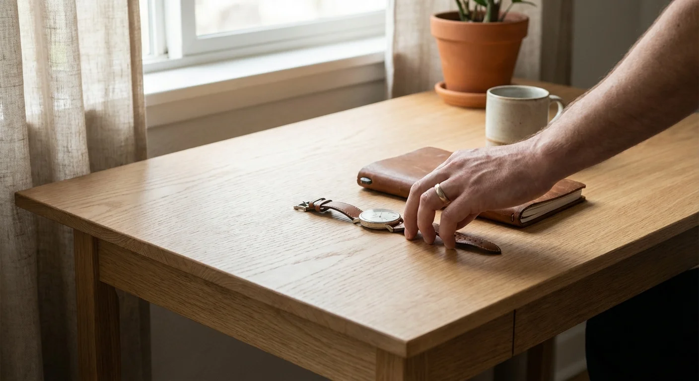 A man's hand reaching for a brown leather strap watch on a minimalist wooden desk.