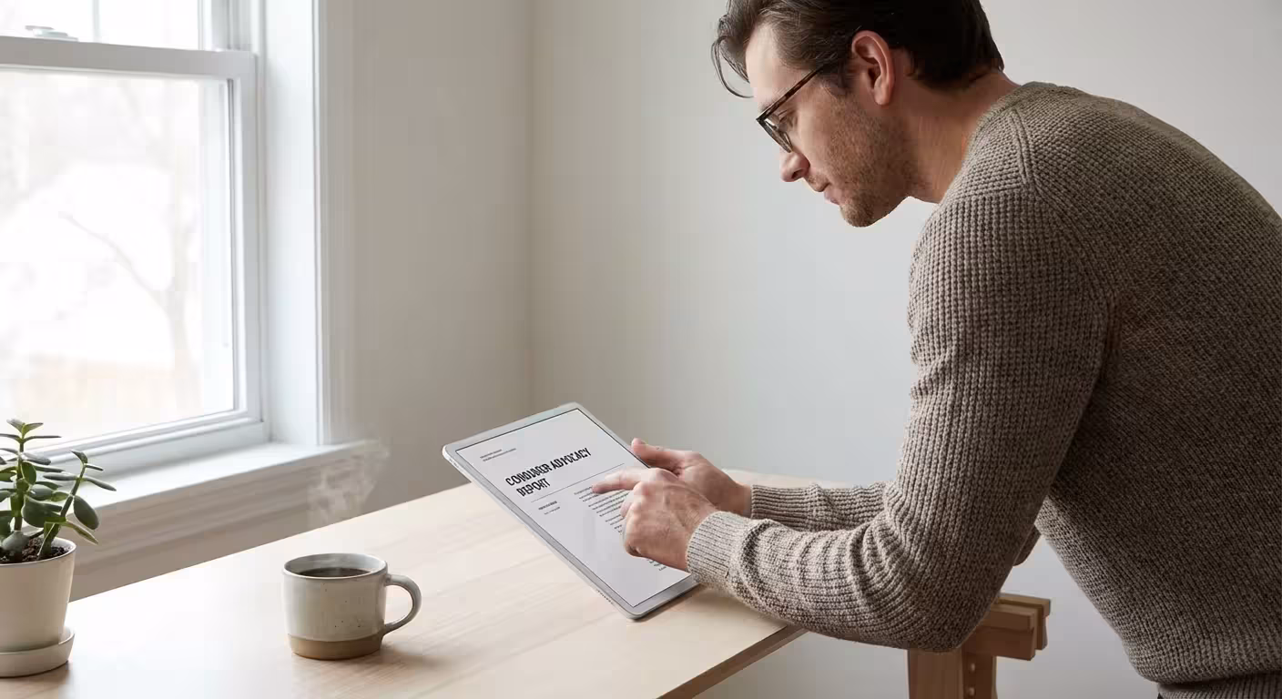 A person reading a consumer report on a tablet in a well-lit home office.