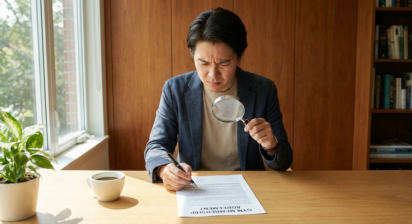 A person carefully reading the fine print on a gym contract.
