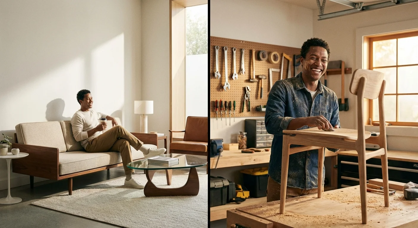 A split image showing the comfort of a waiting room versus the satisfaction of a home garage.