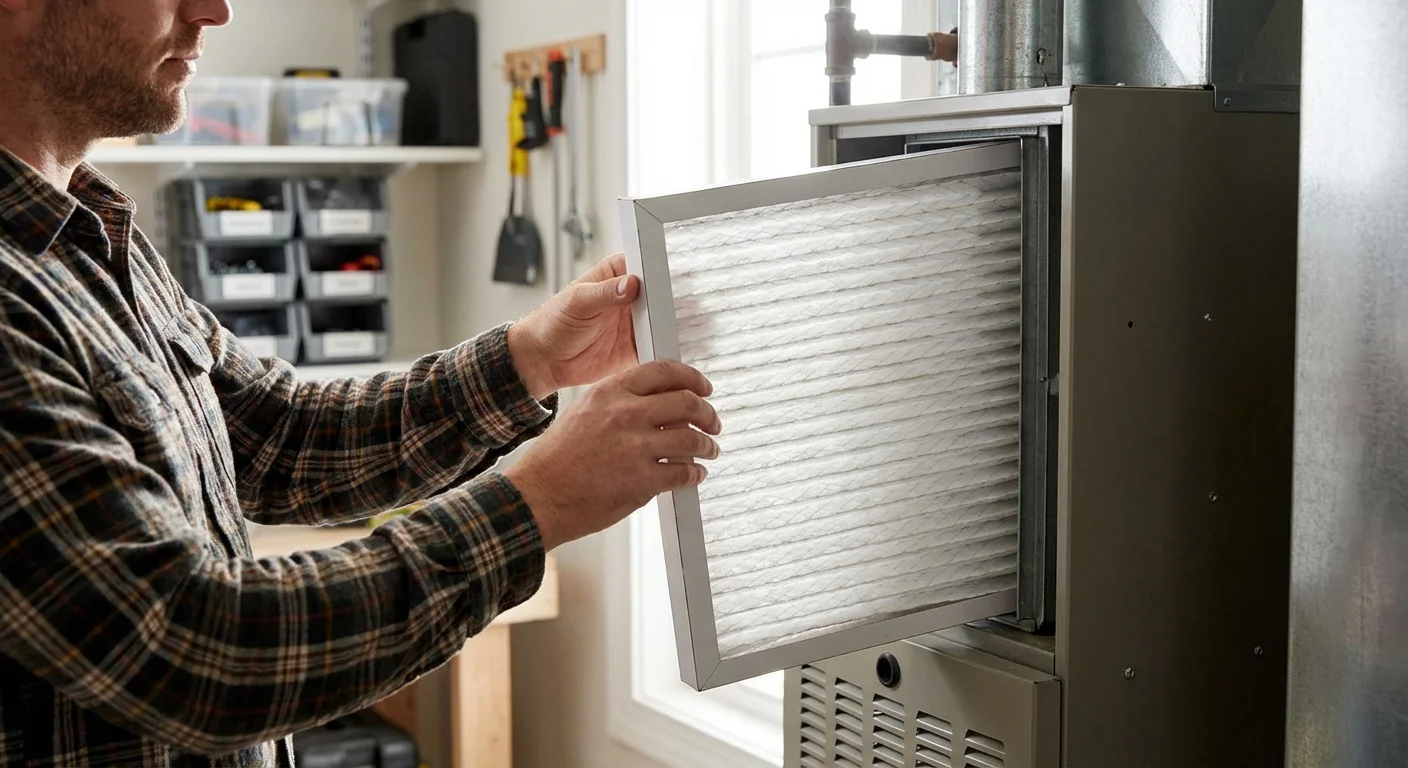 A homeowner replacing a dirty air filter with a clean, white pleated HVAC filter.