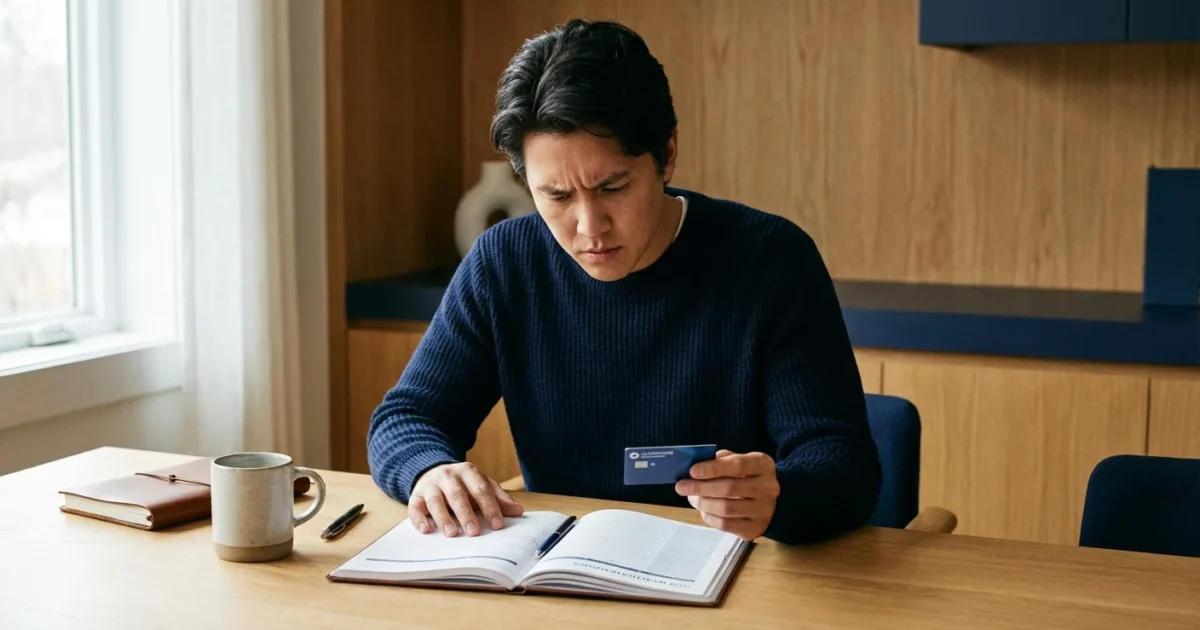 Focused man holding a credit card while sitting at a desk with an open planner.