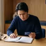 Focused man holding a credit card while sitting at a desk with an open planner.