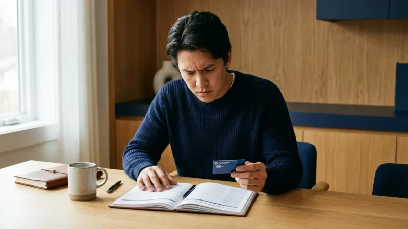 Focused man holding a credit card while sitting at a desk with an open planner.
