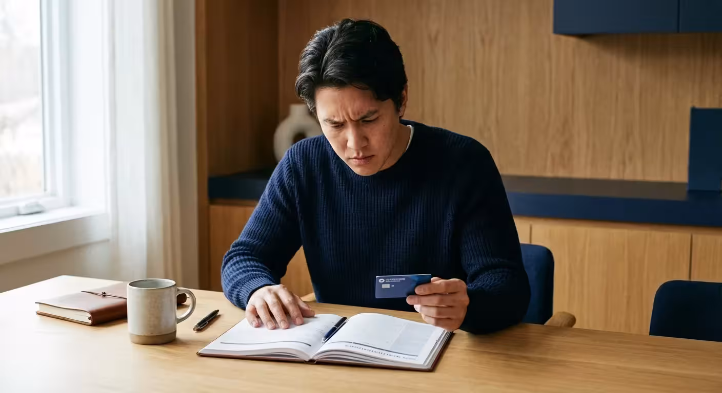 Focused man holding a credit card while sitting at a desk with an open planner.