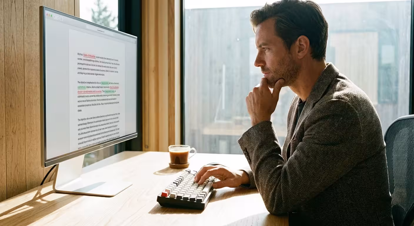 A focused man in a blazer reviews a document with tracked changes on a computer