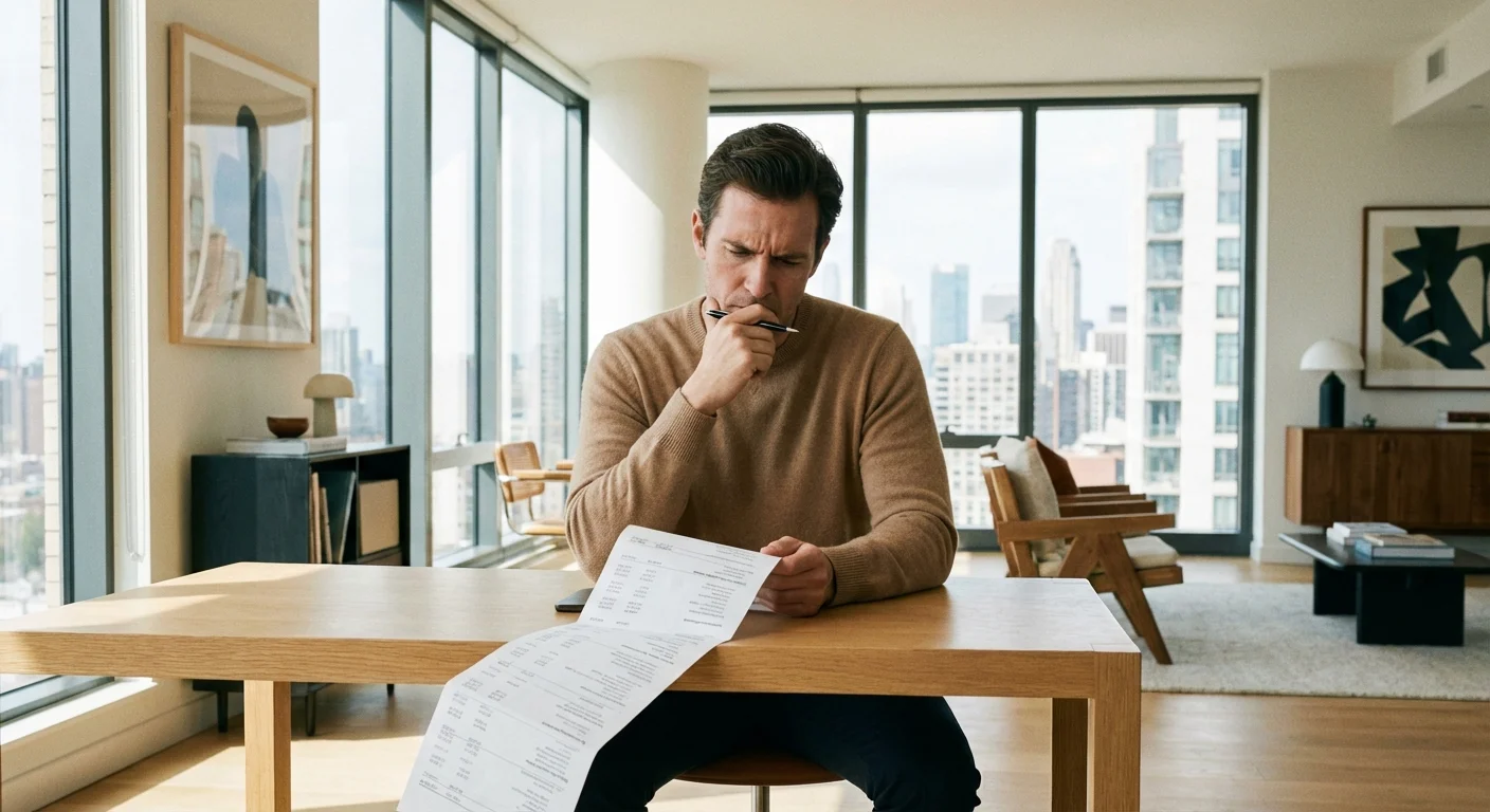 A man carefully reviewing a financial statement at a desk in a bright room.