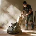 Man wearing a mask uses a floor sander to refinish wood in a sunlit room.