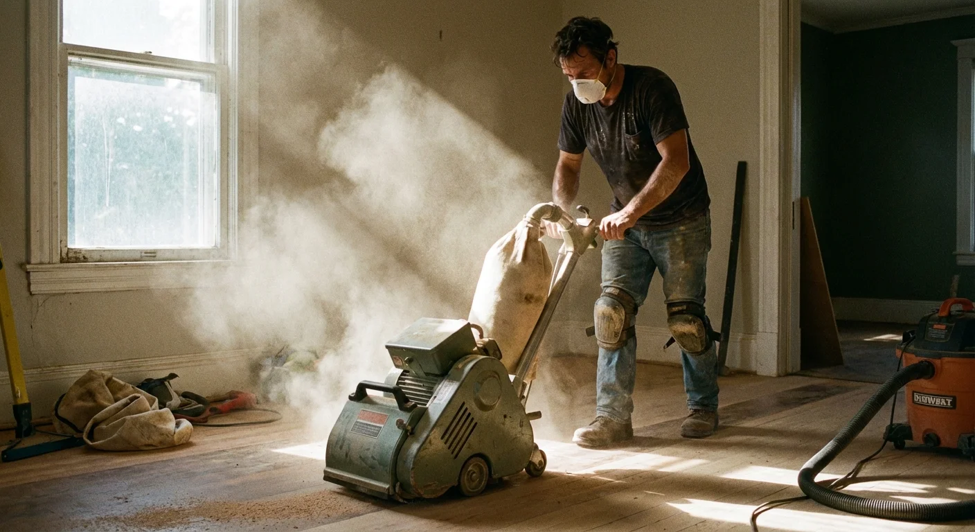 Man wearing a mask uses a floor sander to refinish wood in a sunlit room.