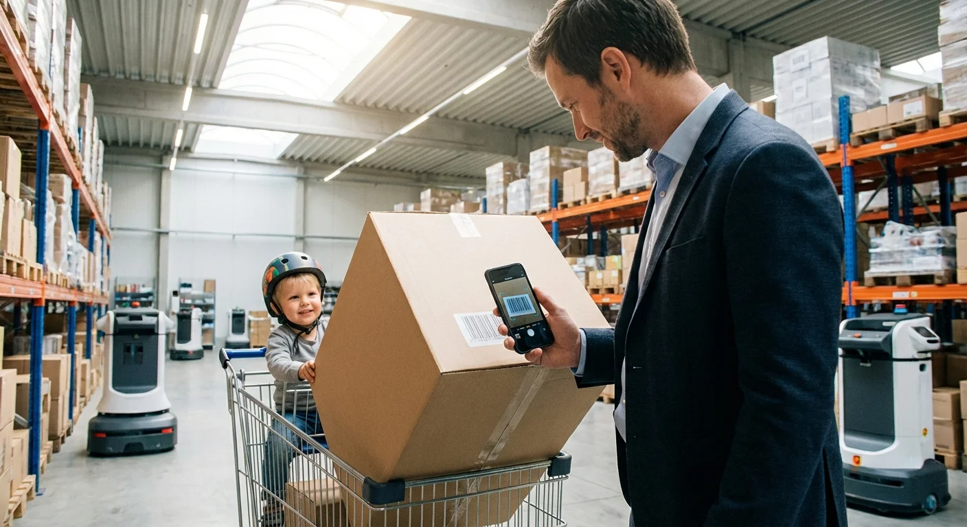 A man using a smartphone app to scan items while shopping with a child.