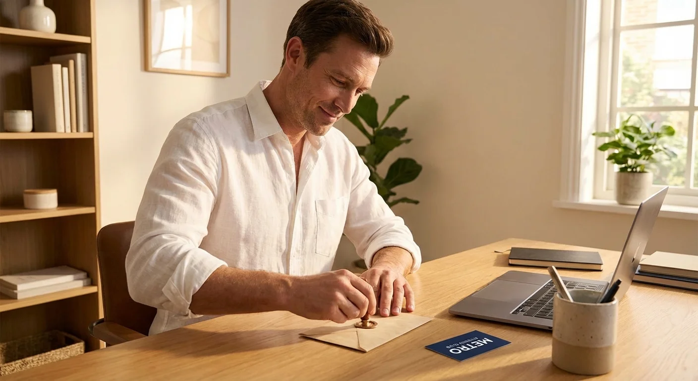 A man sealing an envelope at his desk, looking relieved.