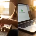 Man sealing a paper envelope next to a laptop screen showing a sent message confirmation.