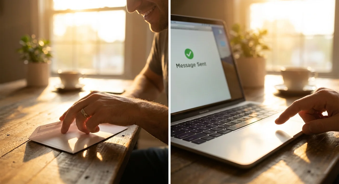 Man sealing a paper envelope next to a laptop screen showing a sent message confirmation.