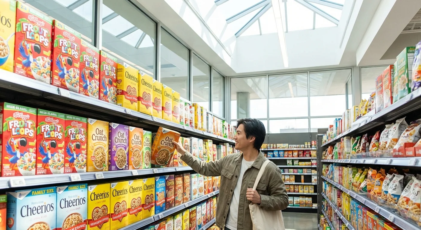 A person reaching for a box of name-brand cereal in a supermarket aisle.