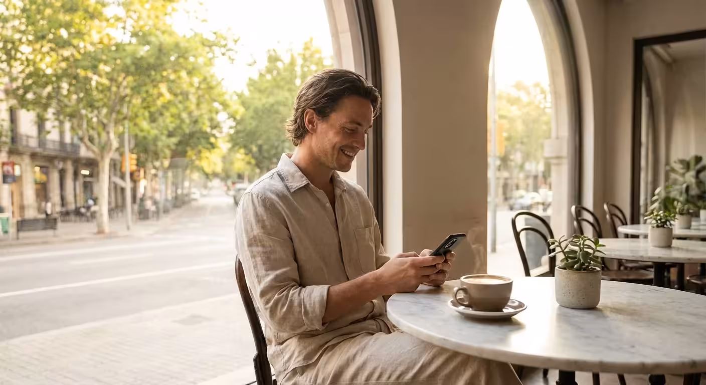A person using a smartphone in a bright, modern cafe with a cup of coffee.