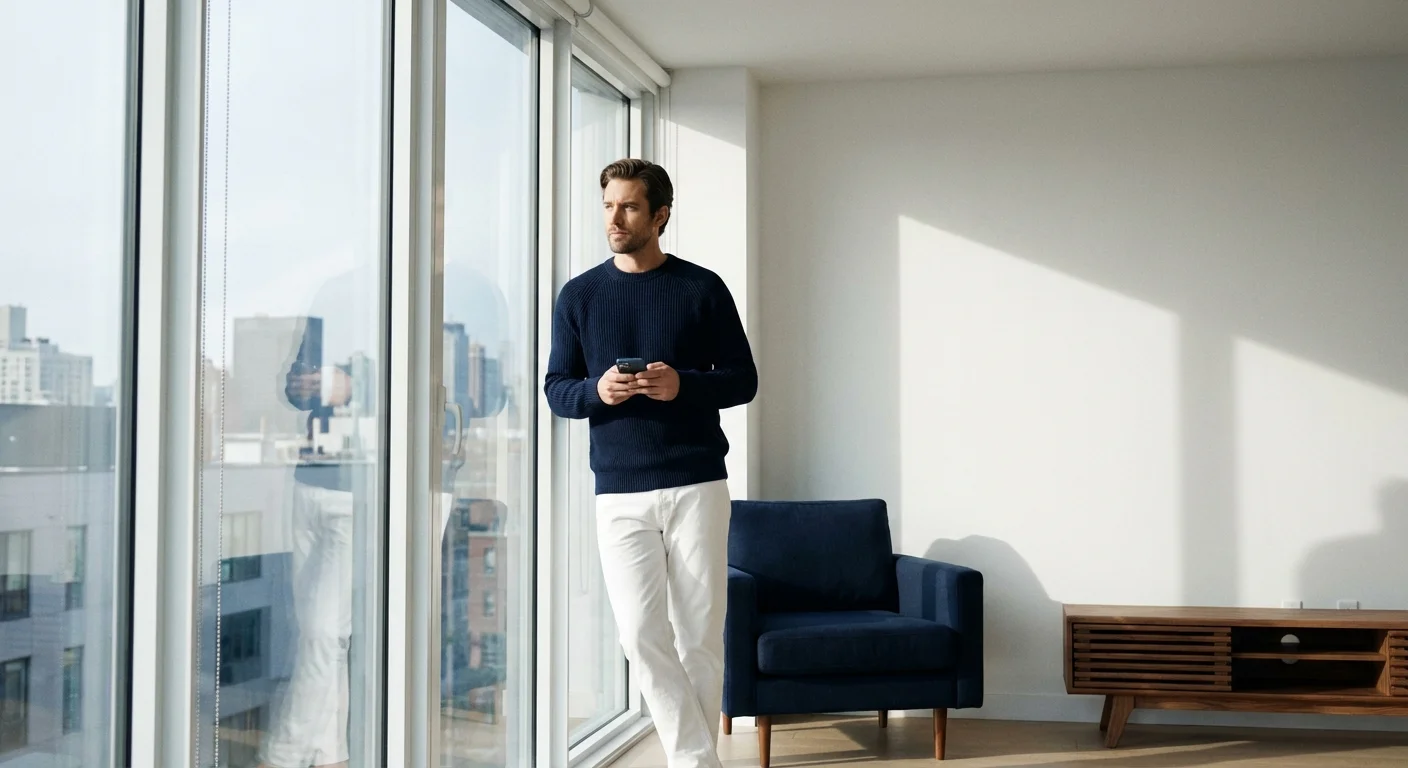 A man reflecting while looking at his phone in a minimalist apartment.