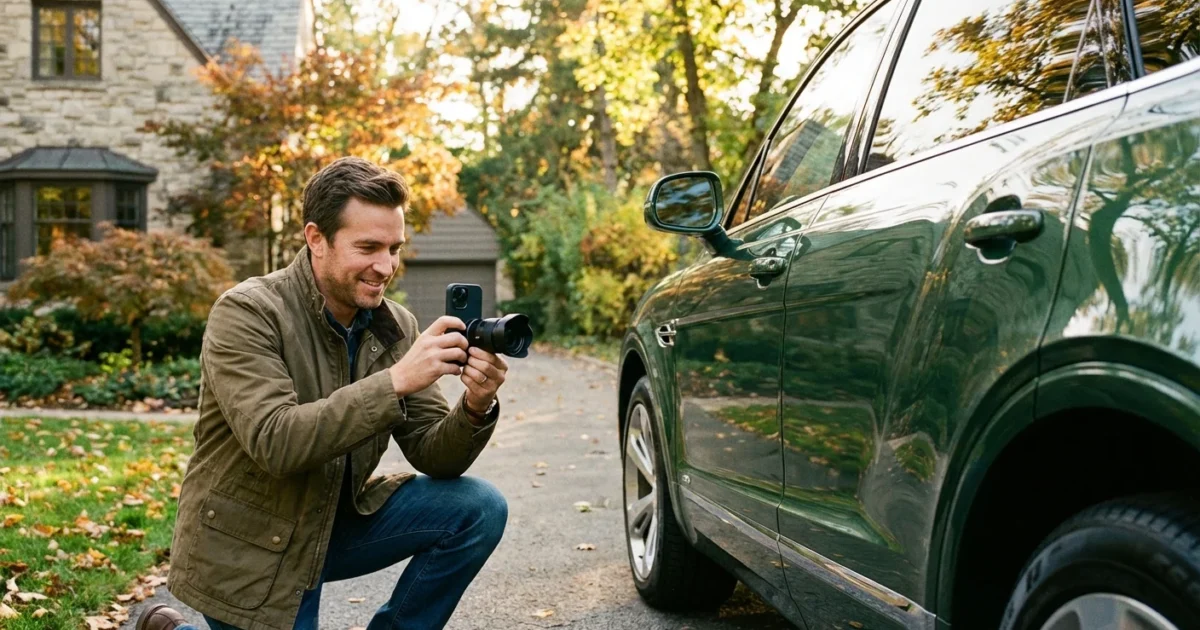 Smiling man using a smartphone with an external lens to photograph a green luxury SUV.