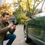 Smiling man using a smartphone with an external lens to photograph a green luxury SUV.