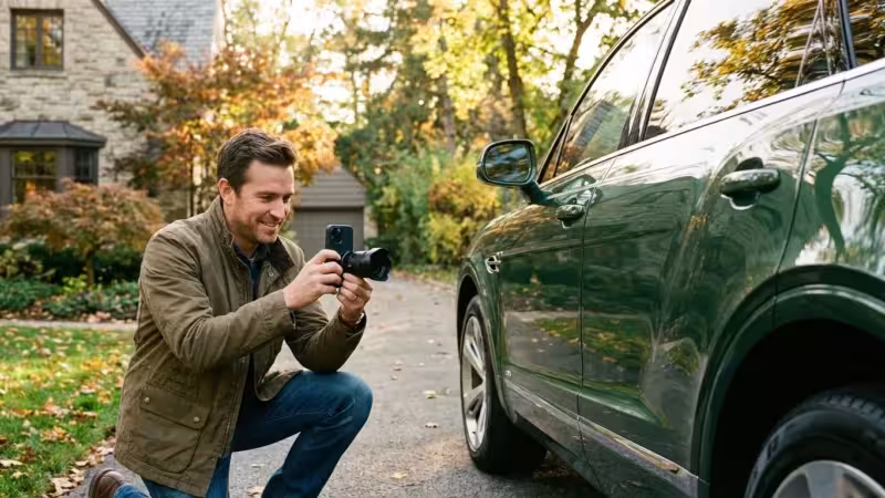 Smiling man using a smartphone with an external lens to photograph a green luxury SUV.