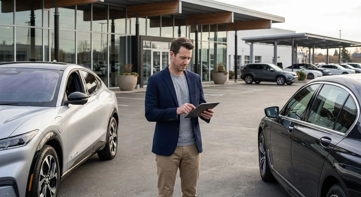 A man comparing car options on a tablet in a clean parking lot.