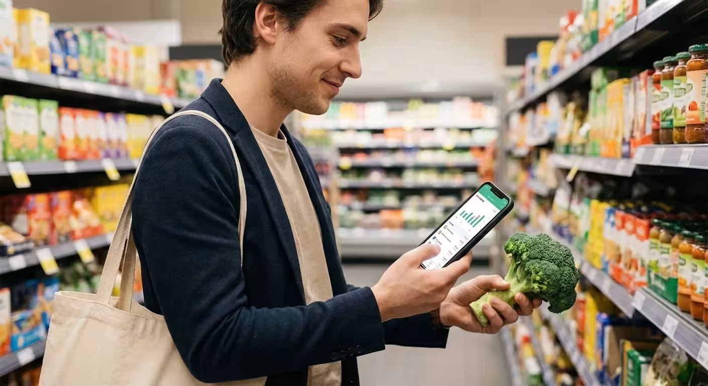 A shopper using a smartphone to compare prices in a grocery aisle.