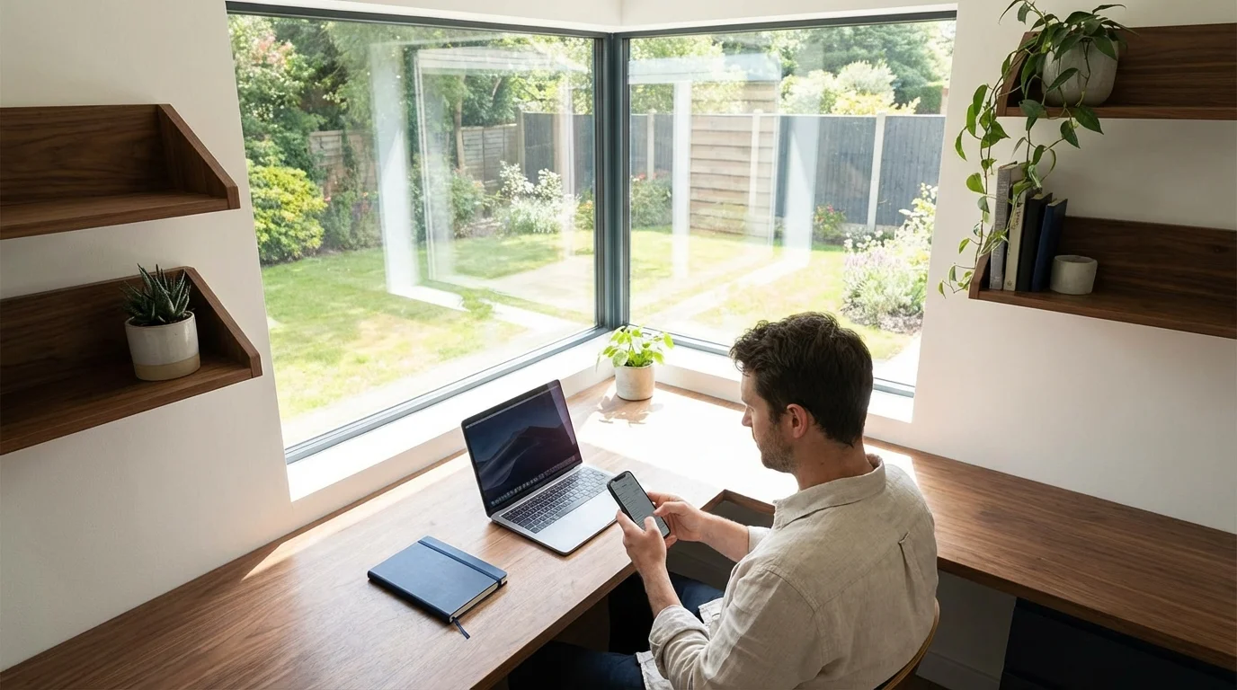 A man reviewing his financial dashboard on a laptop and phone in a bright home office.