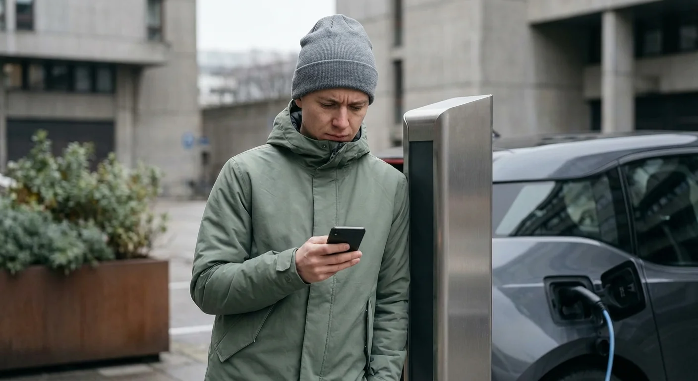 A person checking their phone at a charging station with a focused expression.