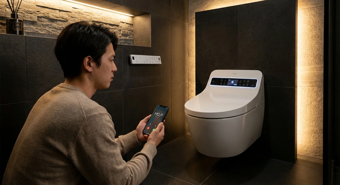 A homeowner looking at a complex, high-tech toilet system that requires a professional.