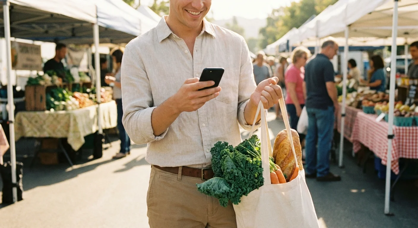 A person checking their budget while shopping at an outdoor market.