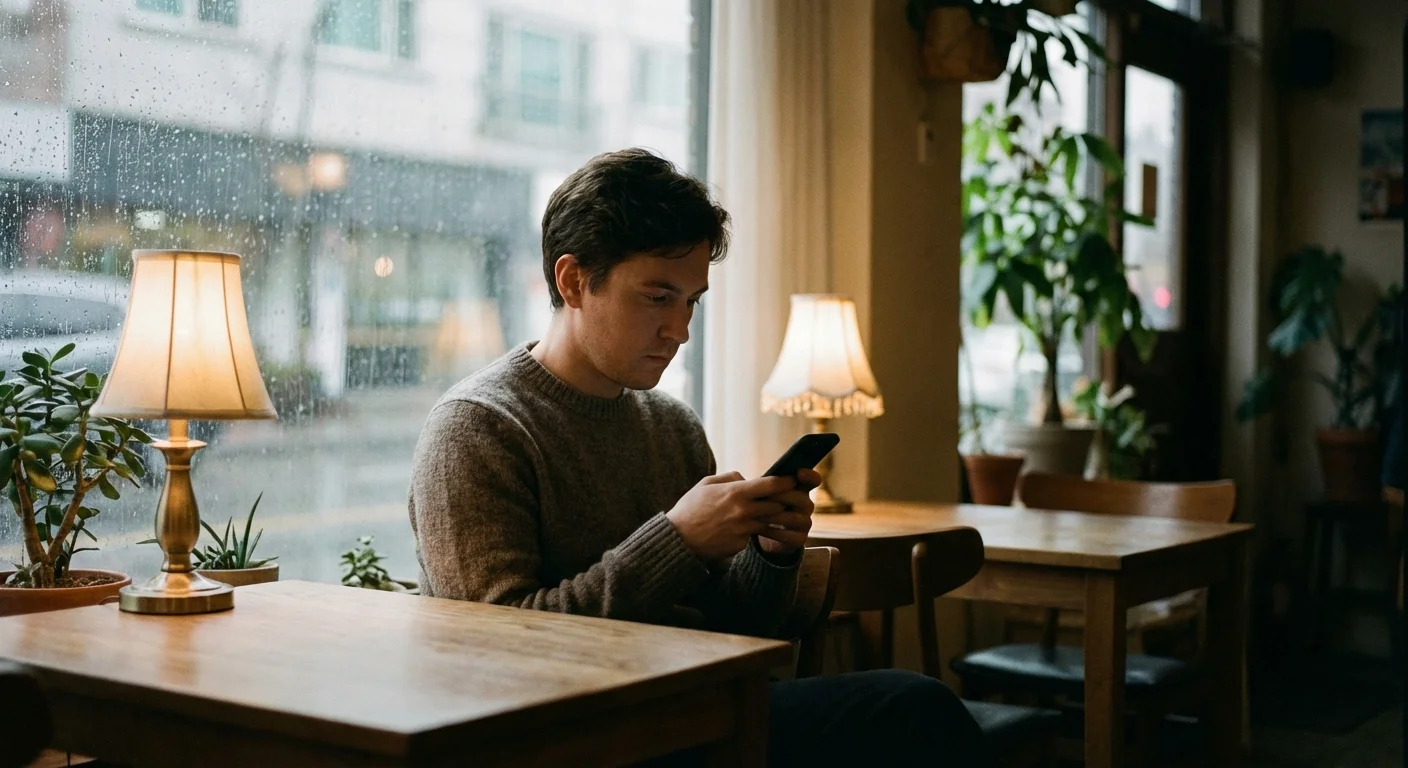 A person looking thoughtfully at their phone in a cafe.