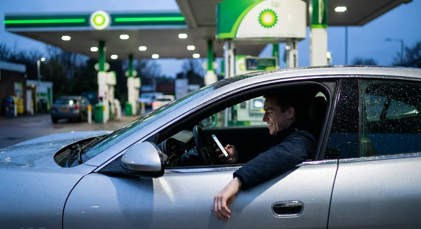 A silver car at a BP gas station with a driver checking their phone.