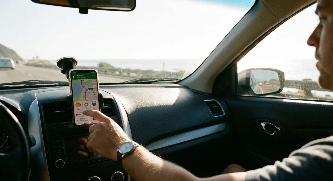 A driver using a smartphone mounted on a car dashboard to find gas prices.