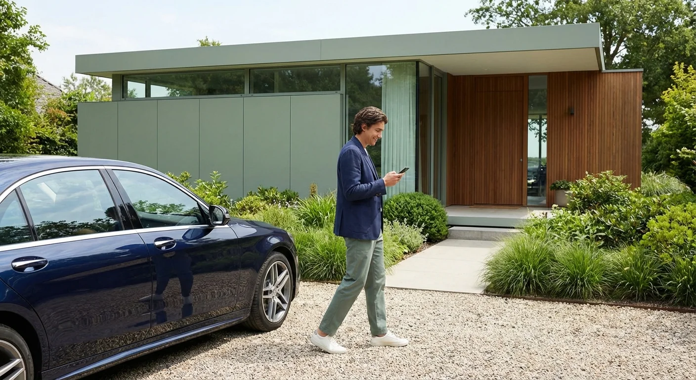 A relaxed person walking away from their car after successfully managing their budget.