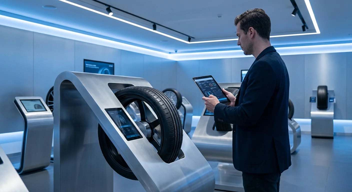 A consumer comparing online tire specs on a tablet with a physical tire in a showroom.