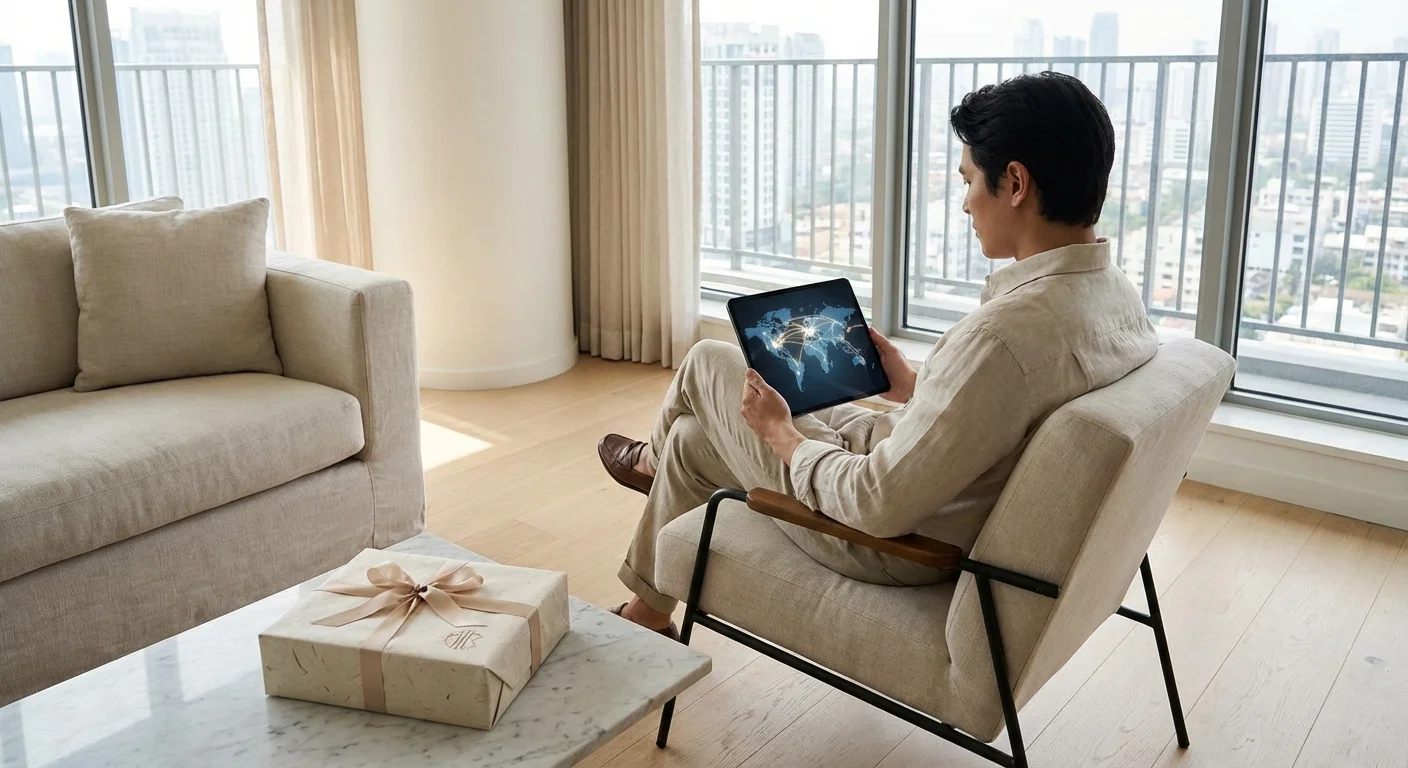 A person using a tablet next to a luxury package in a bright, modern home.