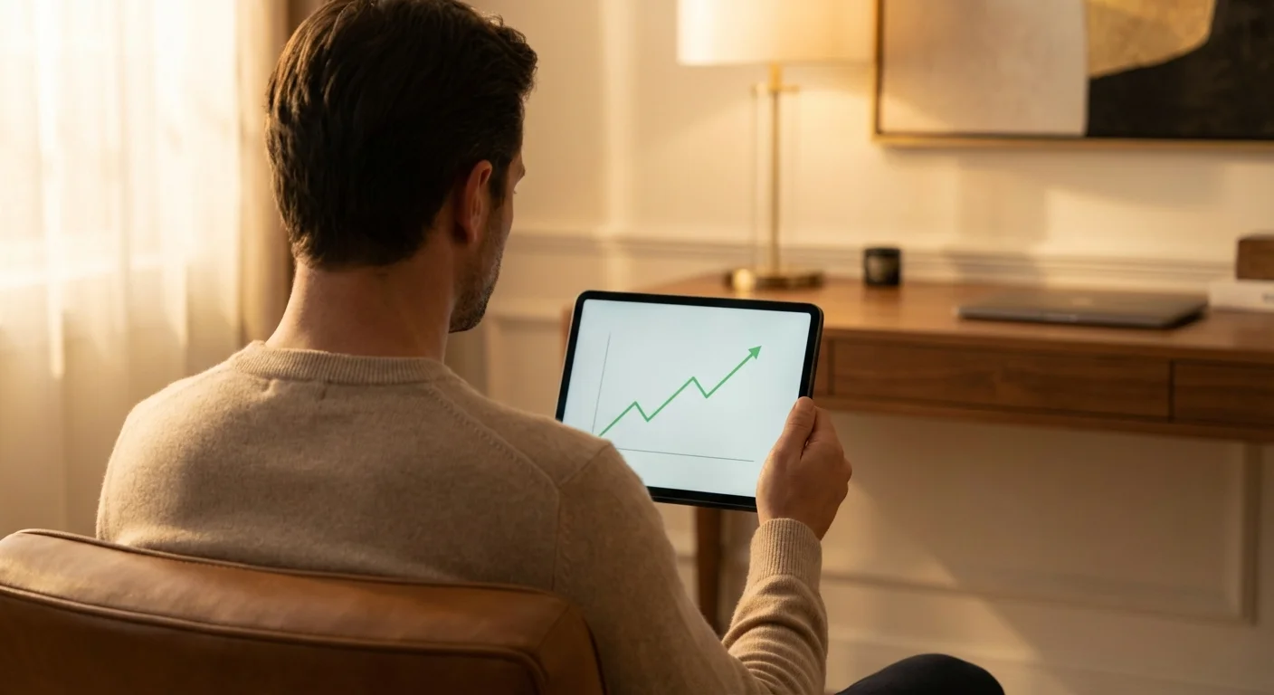 A tablet screen showing a rising green graph, symbolizing an improving credit score.