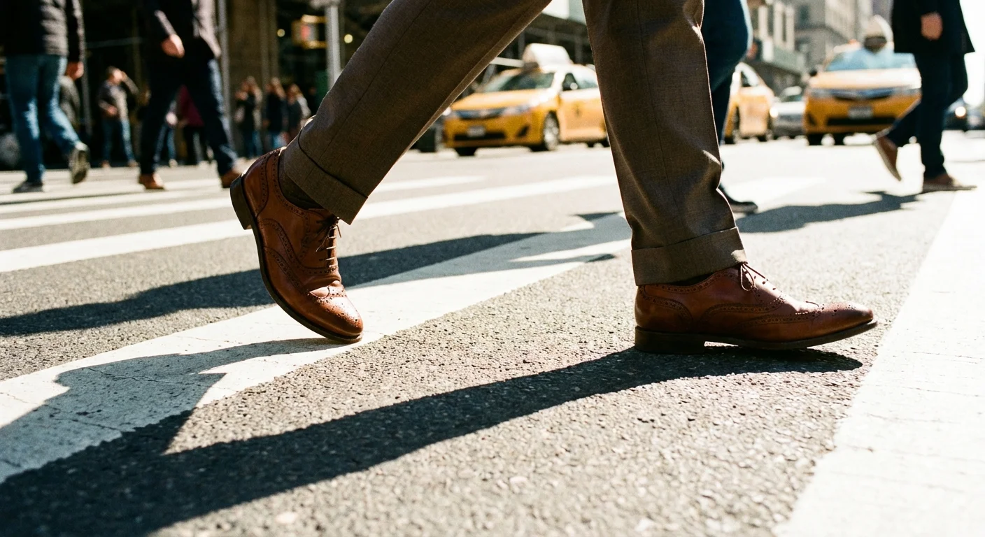 A person's feet walking across a city street in bright, crisp sunlight.