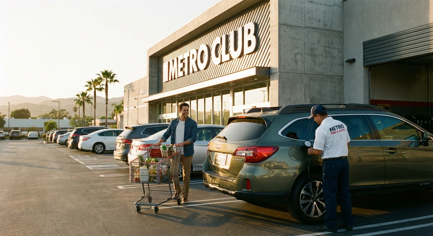A customer receiving professional tire service at a bright, modern warehouse club center.